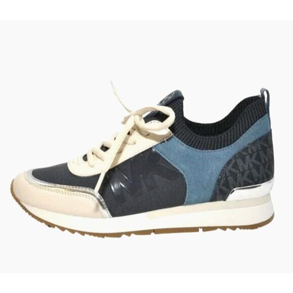 New Michael Kors Jenkins Stretch Knit Trainer Sneakers Navy Multi Size 7.5 M